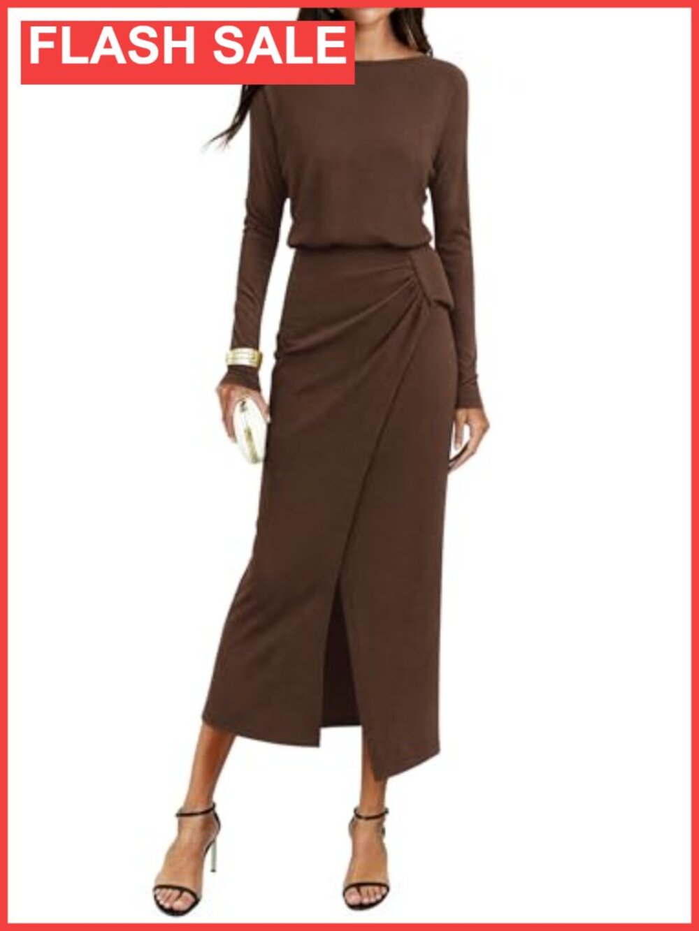 KIRUNDO Womens Boat Neck Wrap Ruched Front Slit Long Sleeve Knit Maxi Dress